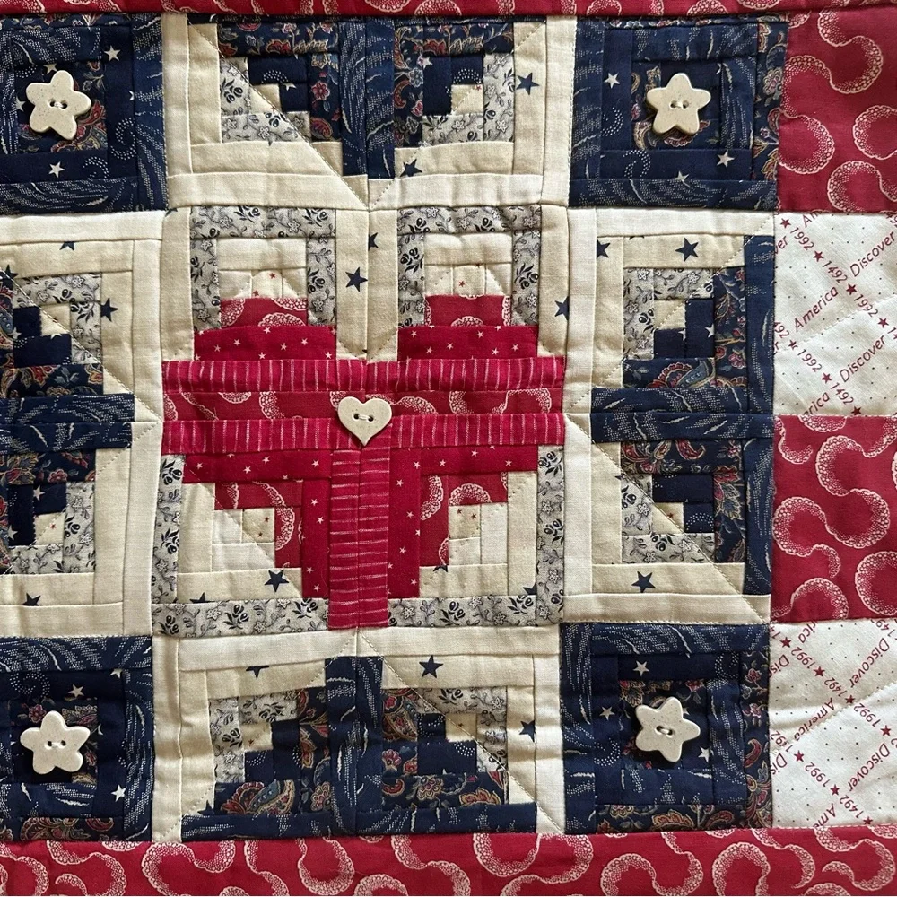 Handmade Patriotic Quilted Wall Hanging Mini Quilt Art - Red, Cream, Navy